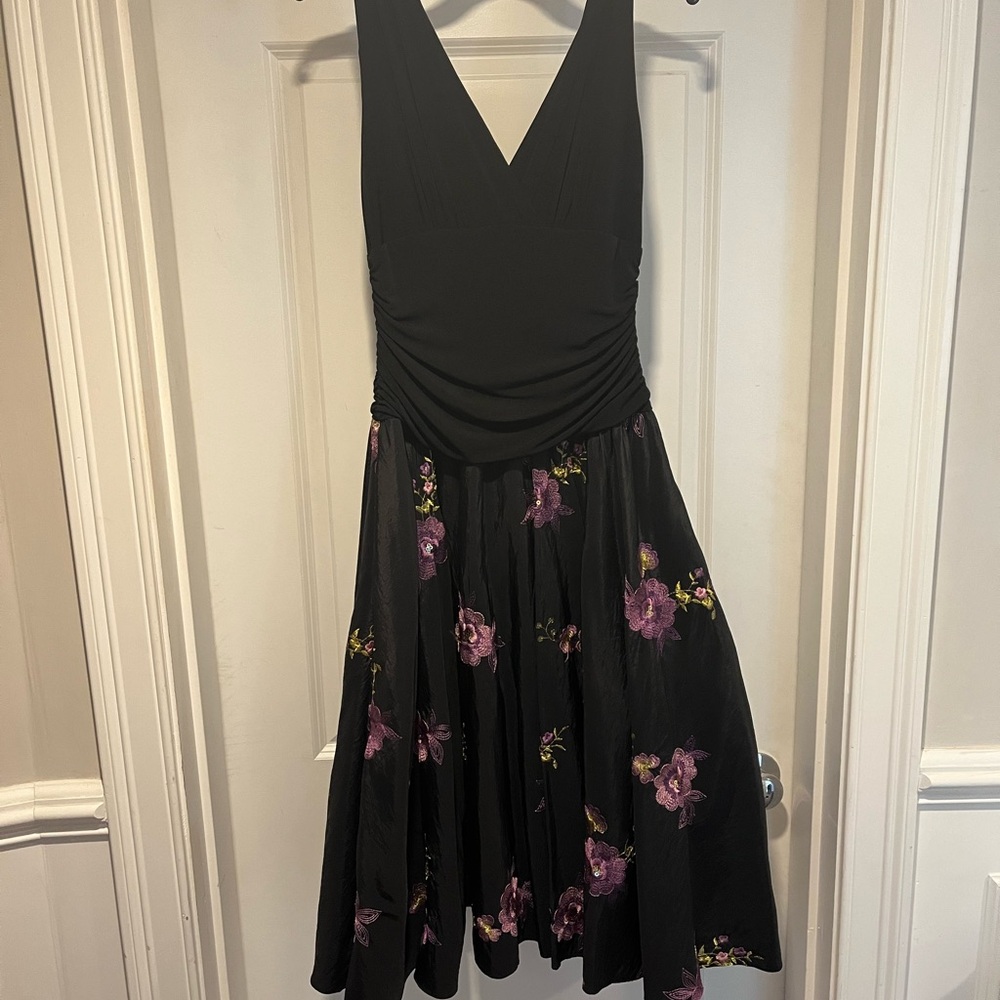 S.L. Fashions Black Dress with Purple Floral Accents
